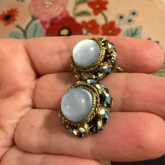 Elegant Gold and Blue Statement Clip On Czech Stamped Earrings - Picture 2 of 8